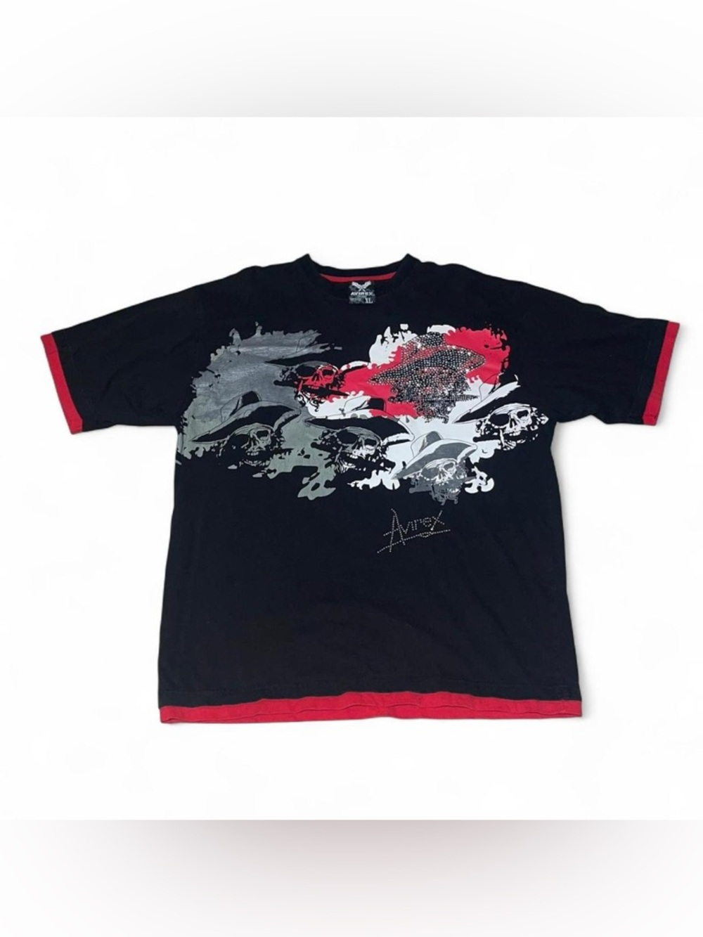 Rare Vintage Avirex Pirate Skulls Abstract Rhinestones T-Shirt